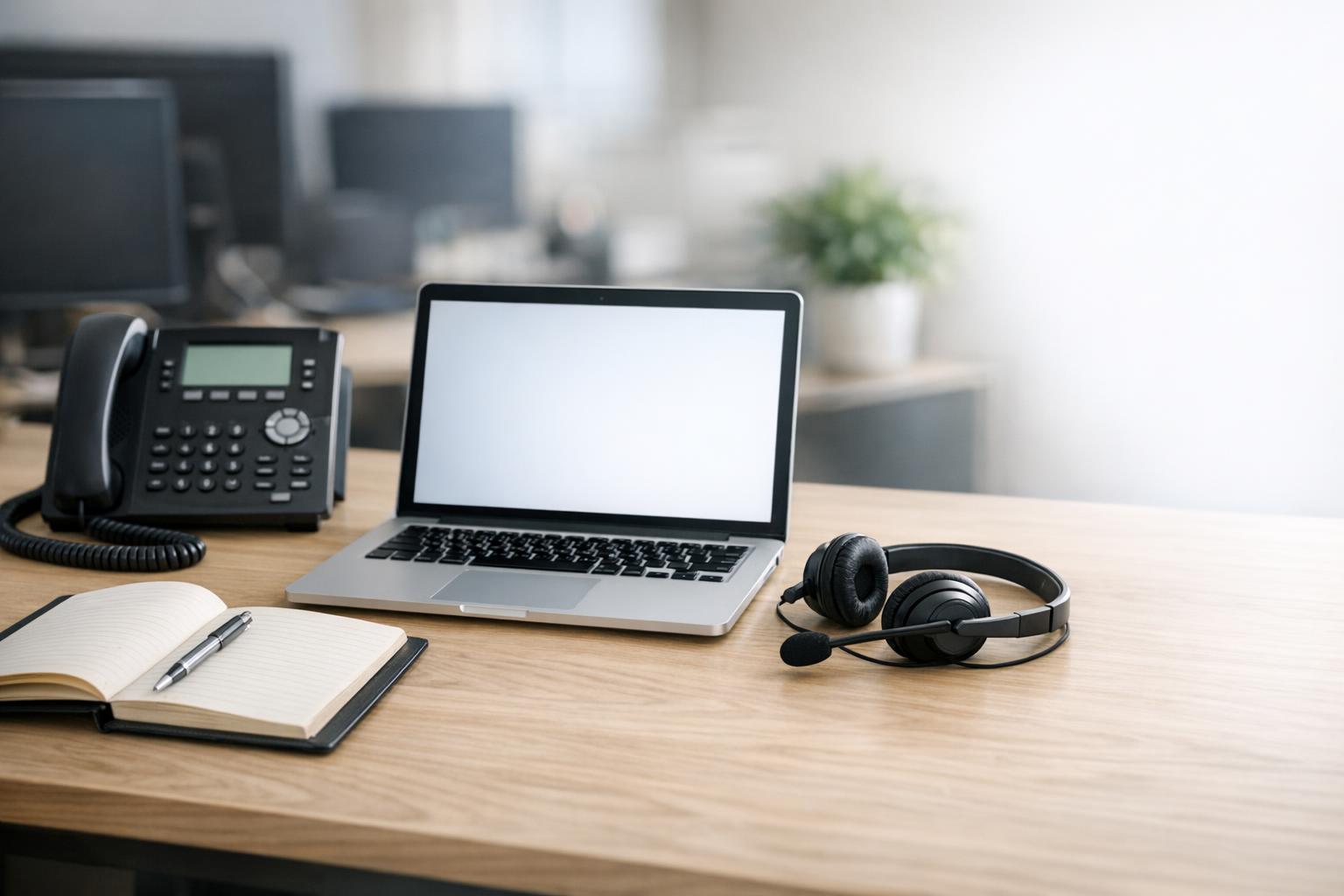 Contact support desk with phone and laptop