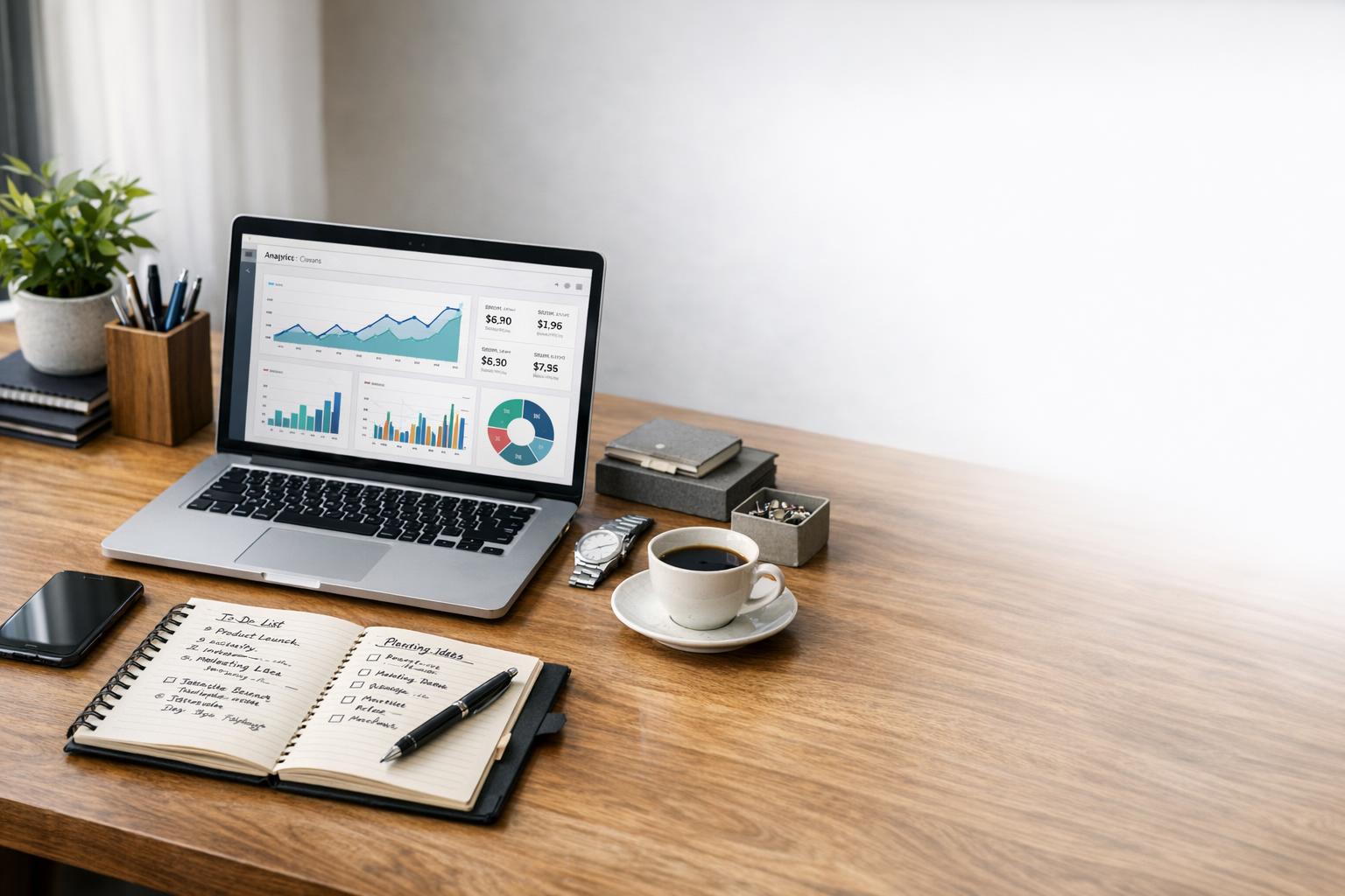 Ecommerce operations workspace with dashboard screens and planning documents