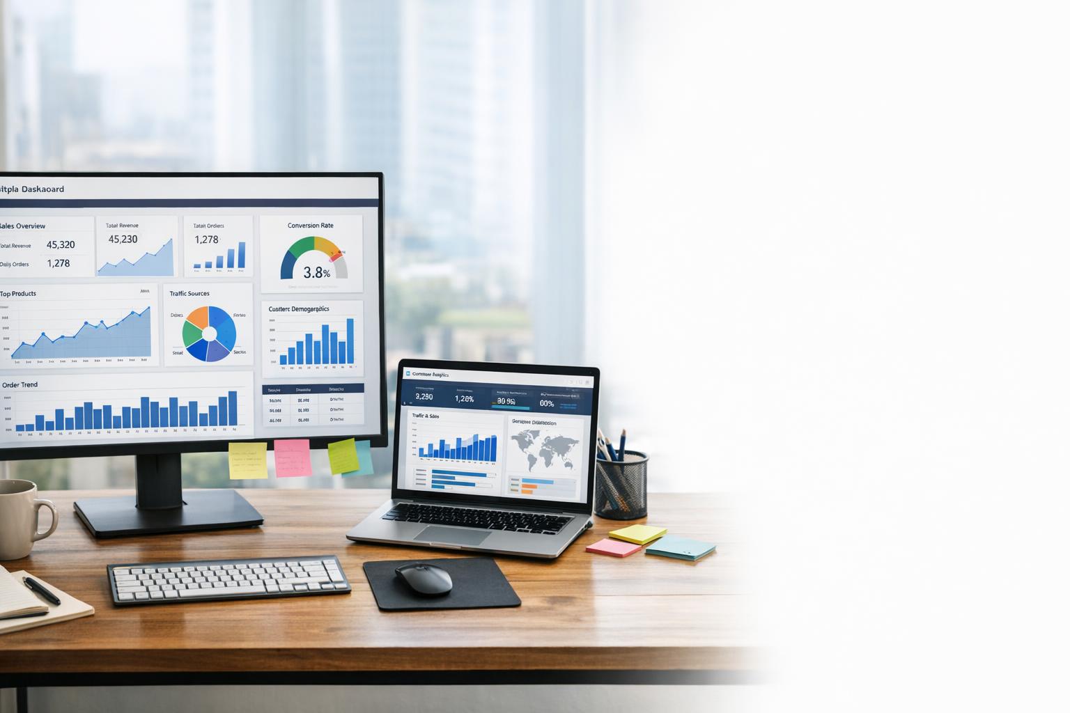 Ecommerce performance monitor showing campaign and revenue dashboards