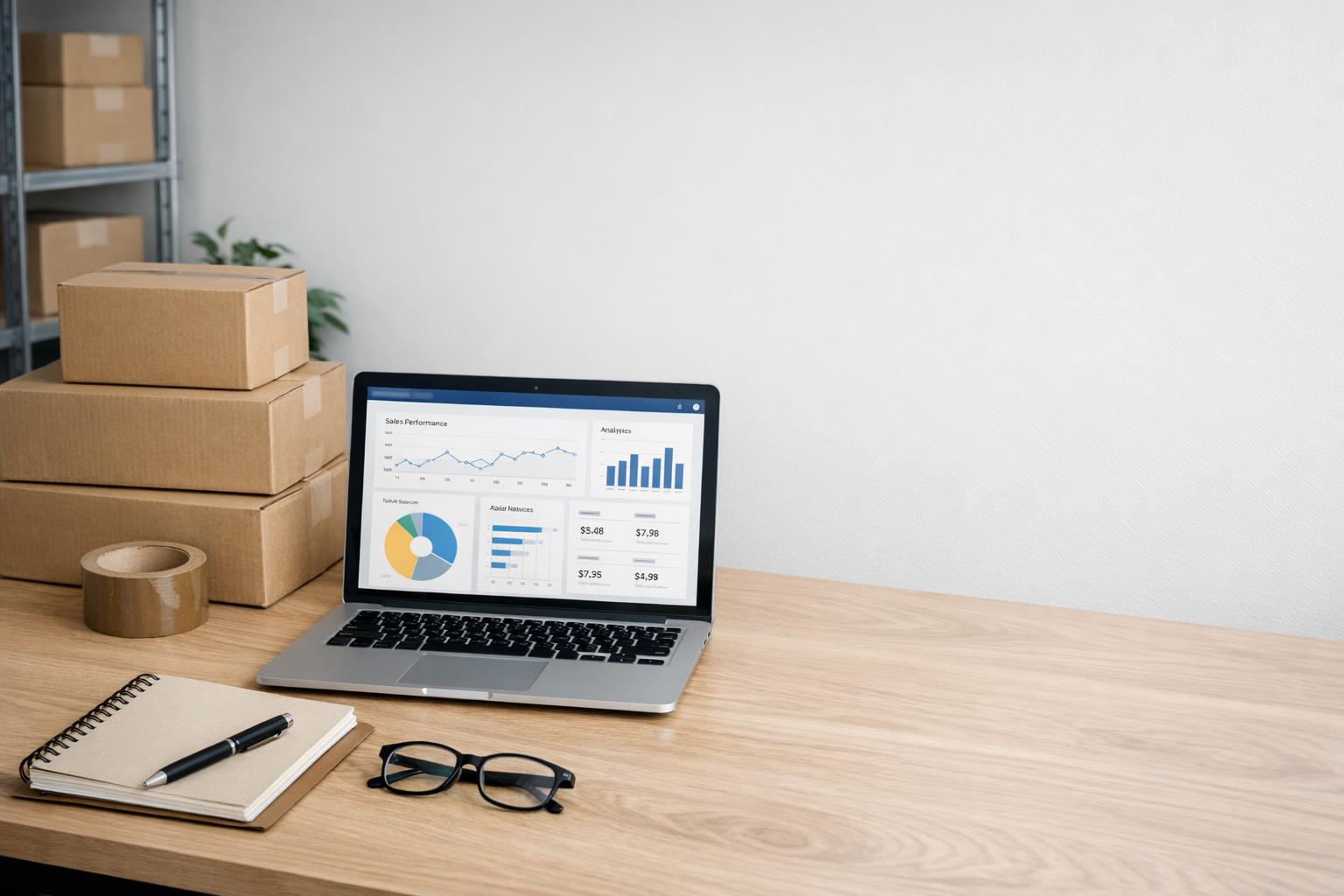 Desk with ecommerce admin dashboard and implementation planning